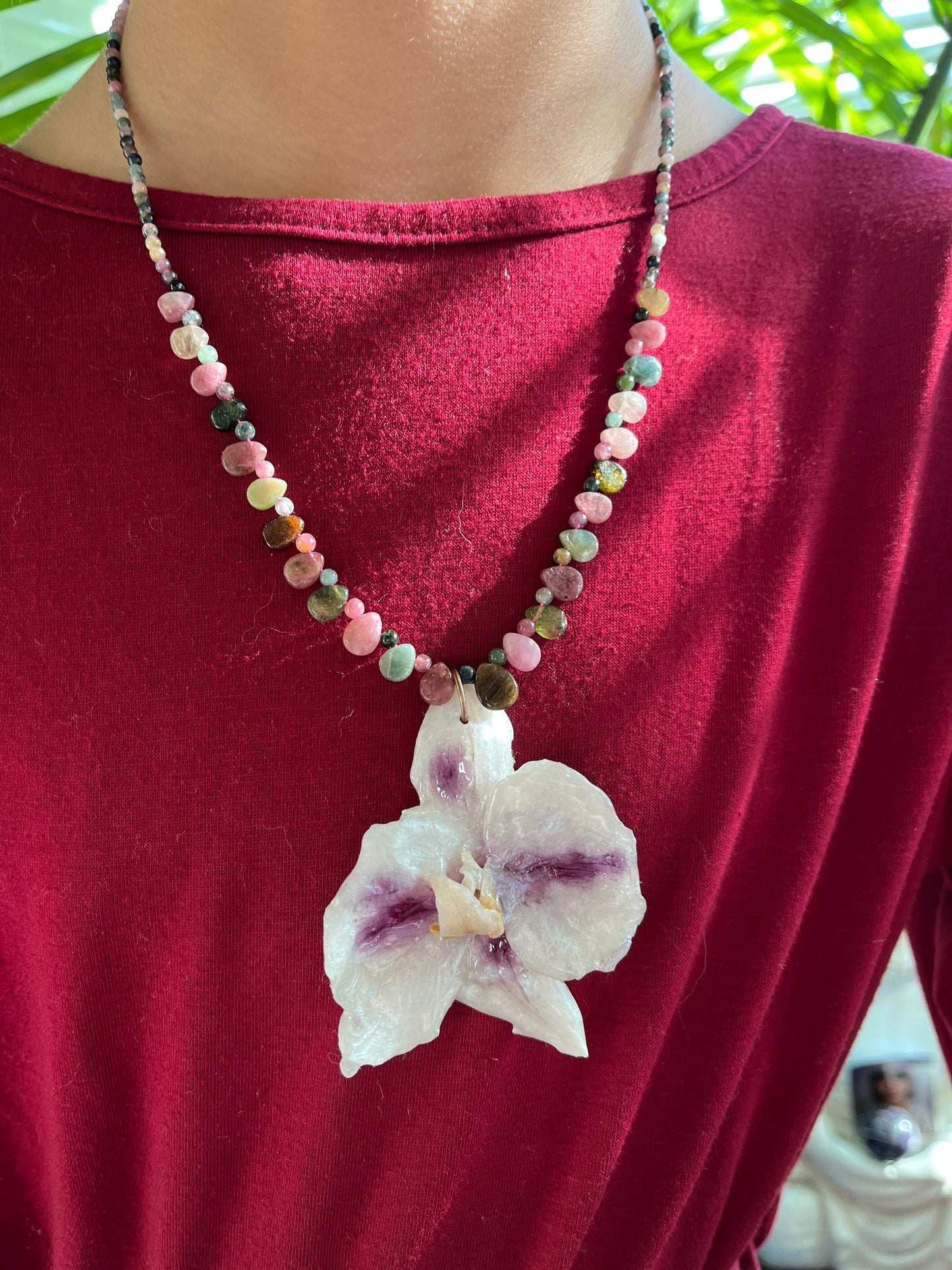Real dried, white orchid flower, Resin preserved orchid, abalone shell necklace, handmade.