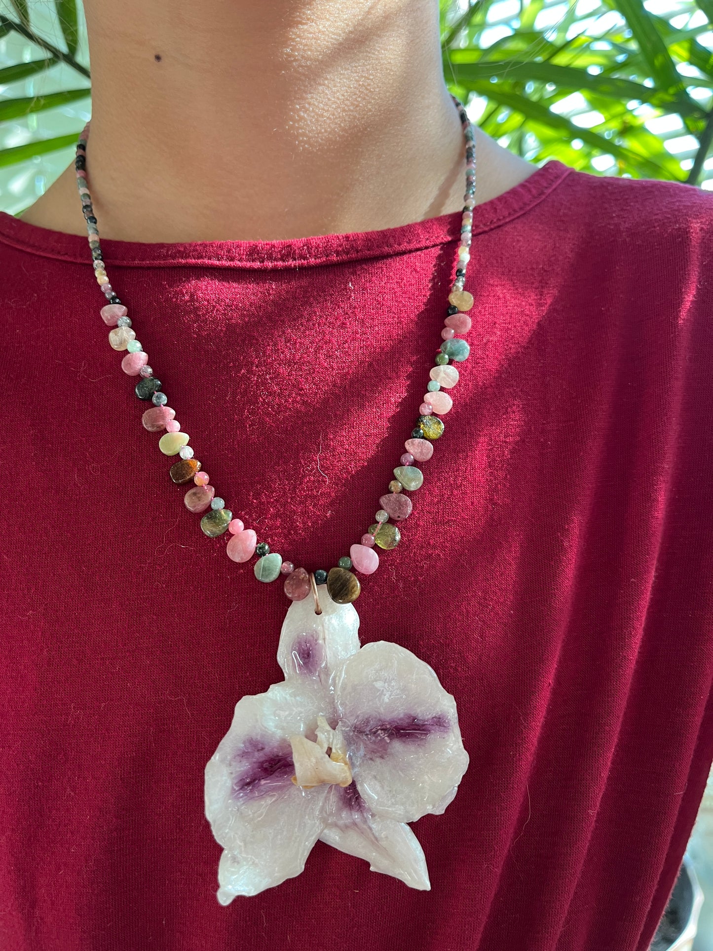 Real dried, white orchid flower, Resin preserved orchid, abalone shell necklace, handmade.