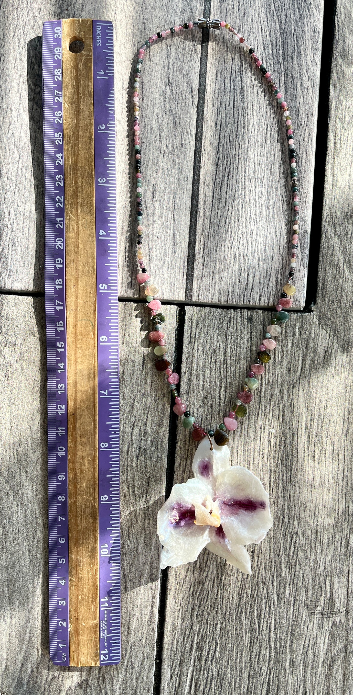 Real dried, white orchid flower, Resin preserved orchid, abalone shell necklace, handmade.