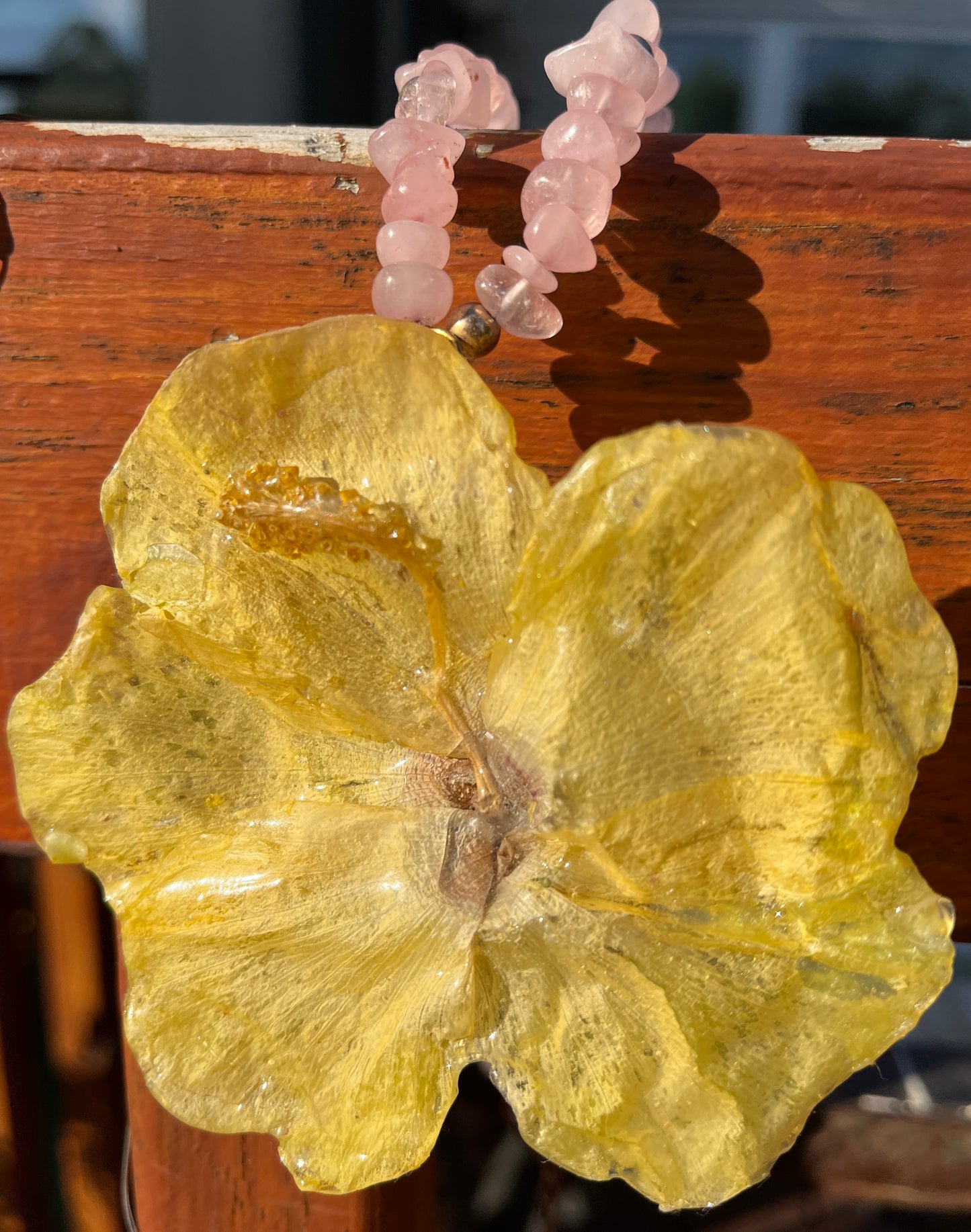 40%off, Handmade, real, yellow, tropical flower, Hibiscus,rose quartz, necklace!