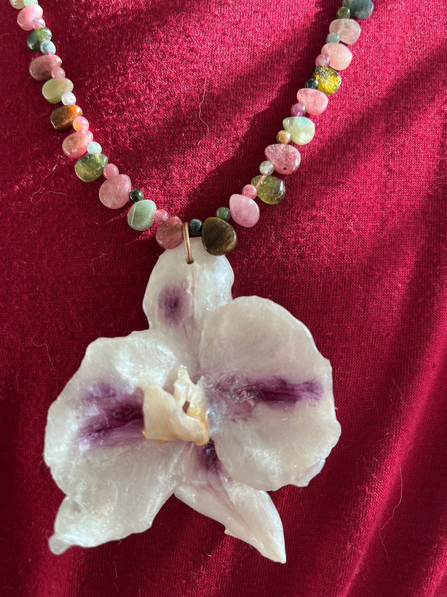 Real dried, white orchid flower, Resin preserved orchid, abalone shell necklace, handmade.
