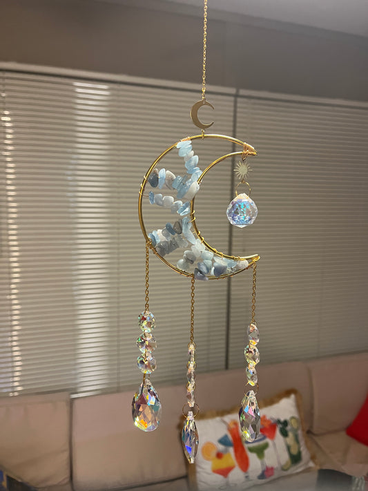 15 % off Gorgeous AQUAMARINE Half a Moon Crystal Suncatcher, Wind Chime Rainbow Sun Catcher For Home Garden Porch