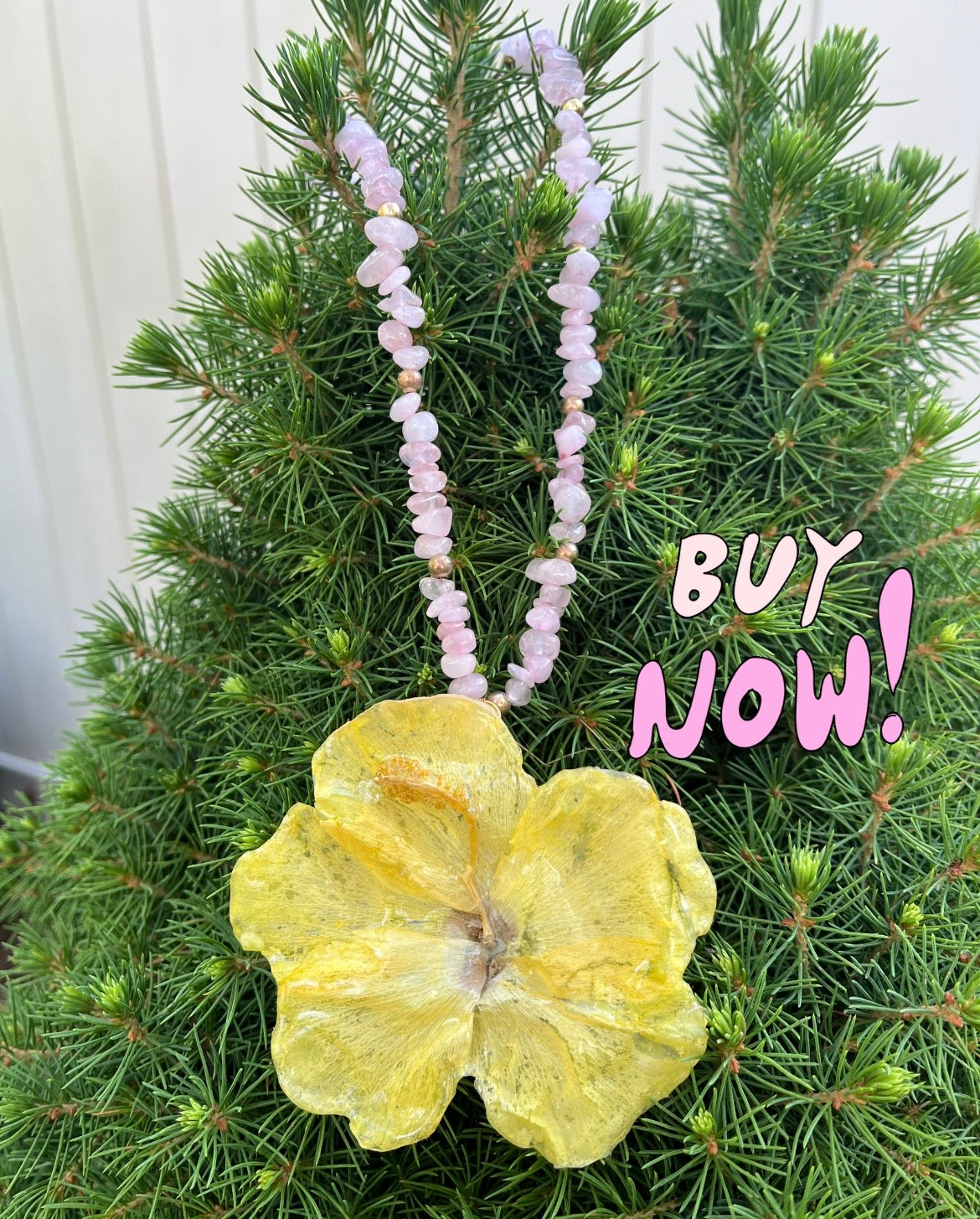 40%off, Handmade, real, yellow, tropical flower, Hibiscus,rose quartz, necklace!