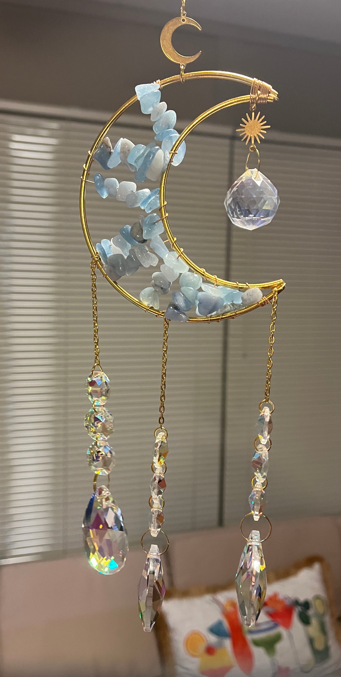 15 % off Gorgeous AQUAMARINE Half a Moon Crystal Suncatcher, Wind Chime Rainbow Sun Catcher For Home Garden Porch
