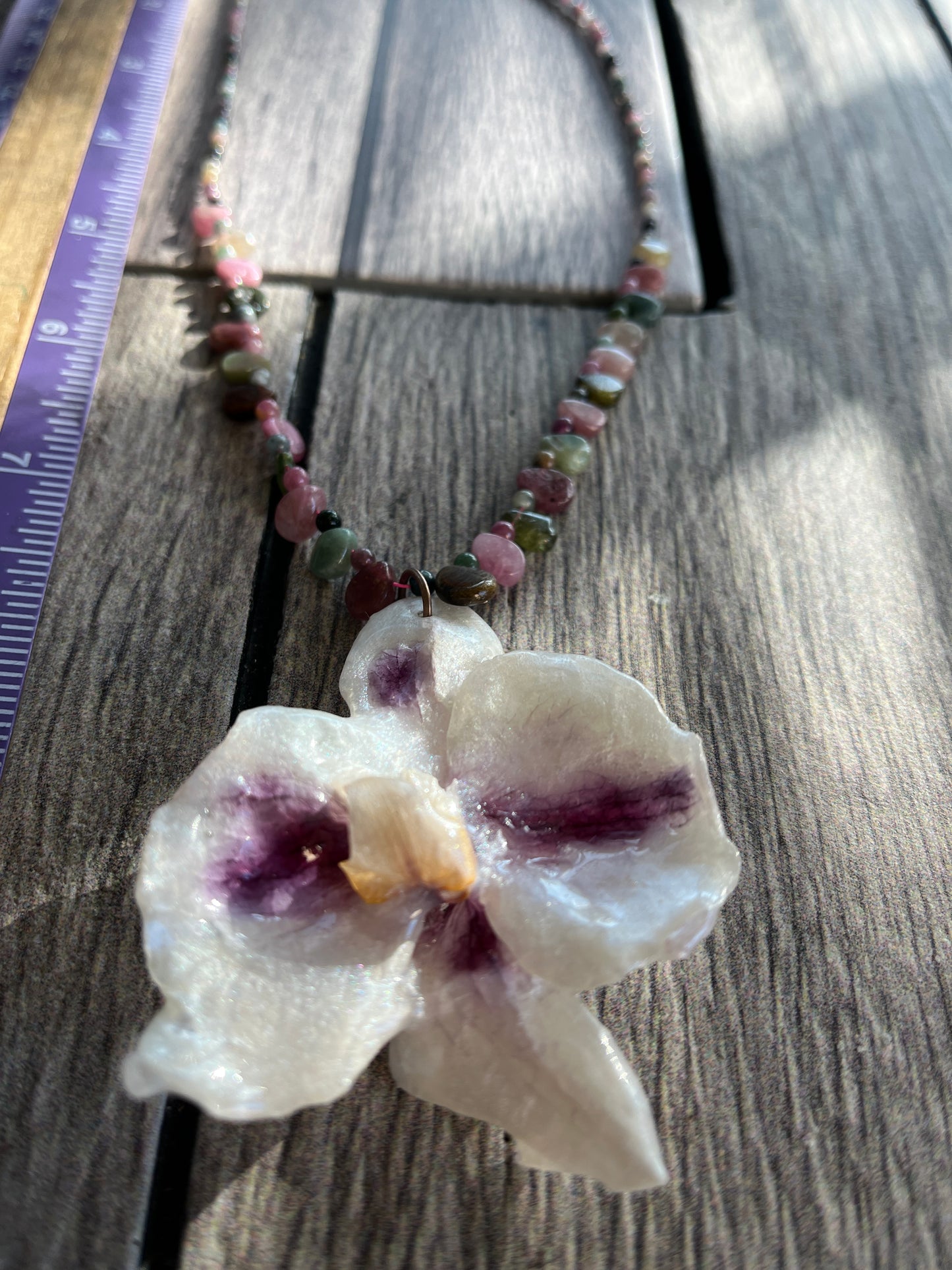 Real dried, white orchid flower, Resin preserved orchid, abalone shell necklace, handmade.
