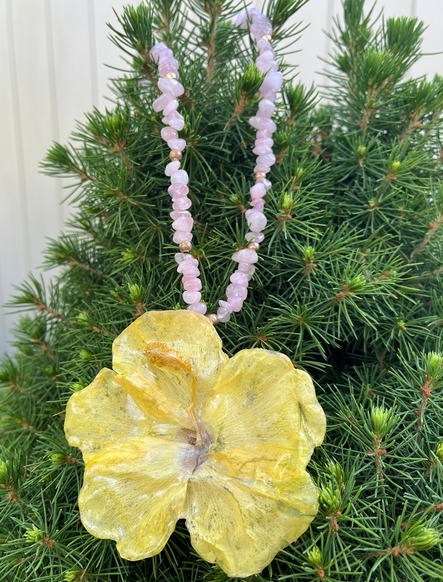 40%off, Handmade, real, yellow, tropical flower, Hibiscus,rose quartz, necklace!