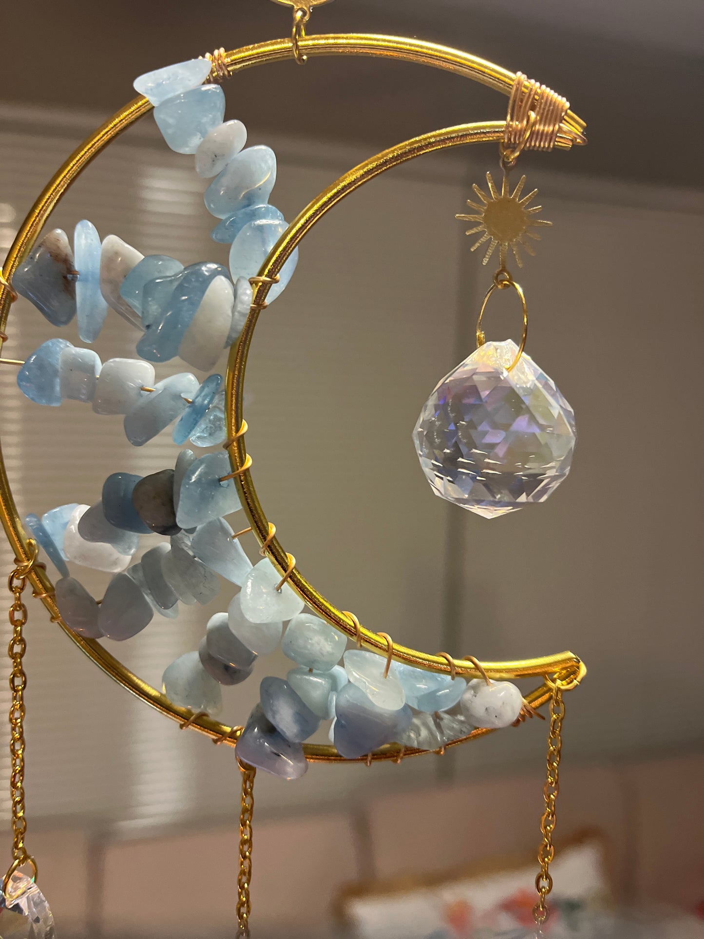 15 % off Gorgeous AQUAMARINE Half a Moon Crystal Suncatcher, Wind Chime Rainbow Sun Catcher For Home Garden Porch