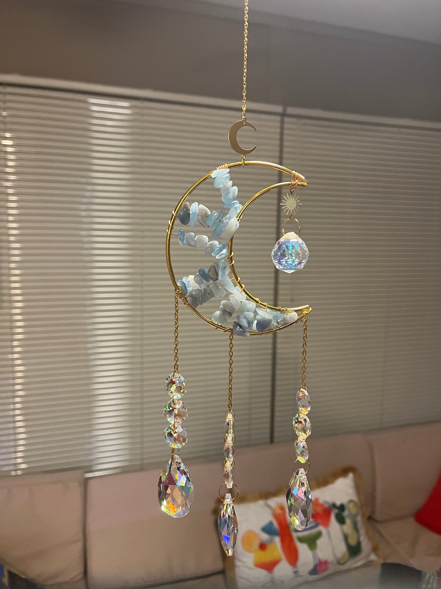 15 % off Gorgeous AQUAMARINE Half a Moon Crystal Suncatcher, Wind Chime Rainbow Sun Catcher For Home Garden Porch
