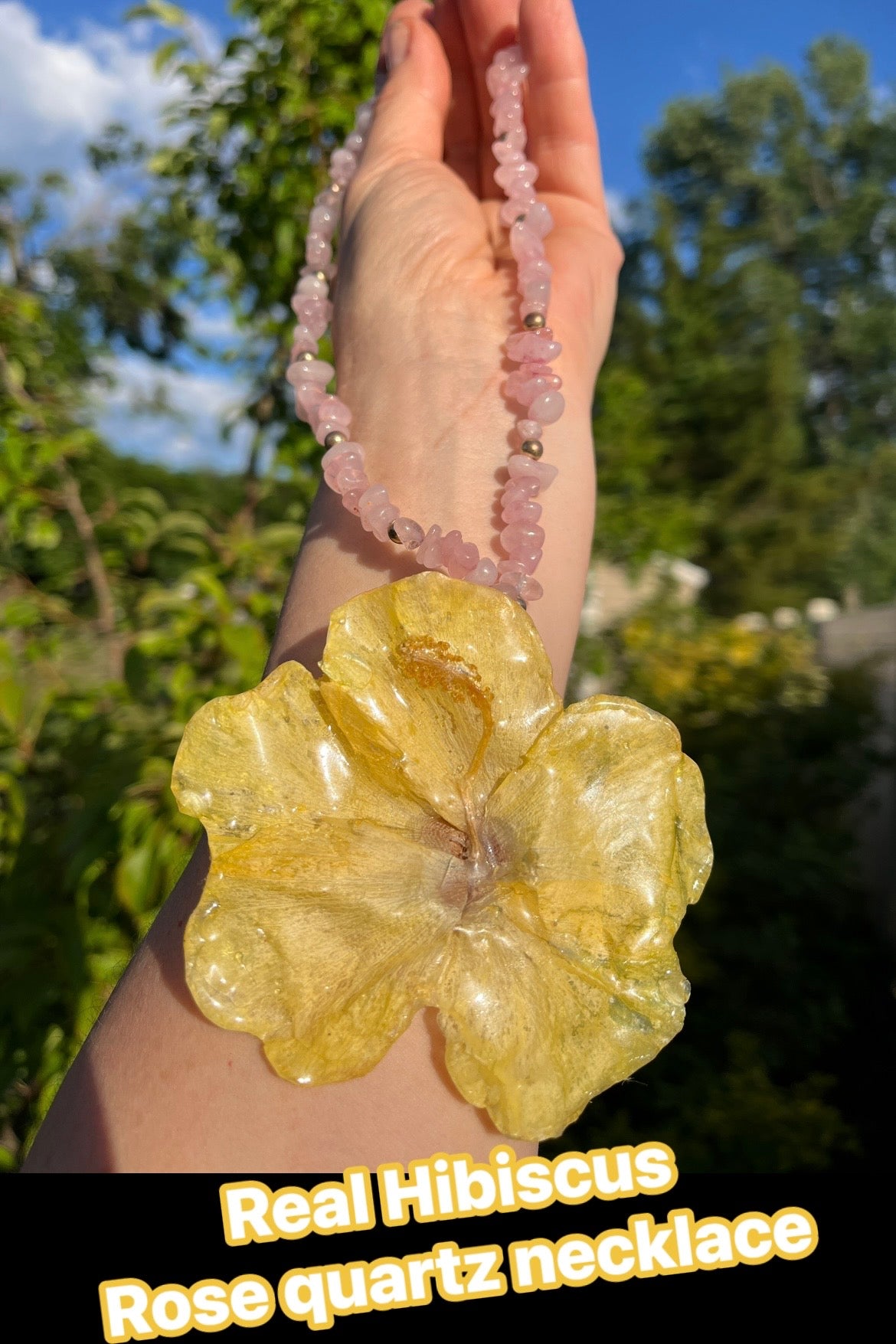 40%off, Handmade, real, yellow, tropical flower, Hibiscus,rose quartz, necklace!