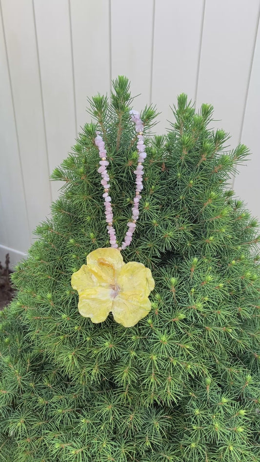 40%off, Handmade, real, yellow, tropical flower, Hibiscus,rose quartz, necklace!