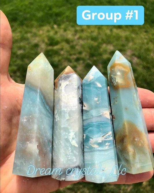 Calming,SKY BLUE,  CHALCEDONY, Points, Caribbean calcite, towers, randomly selected!!