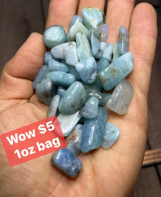 DEAL, five dollar, bag, AQUAMARINE CHIPS, crystal bag,super deal, affordable crystals, genuine!!!